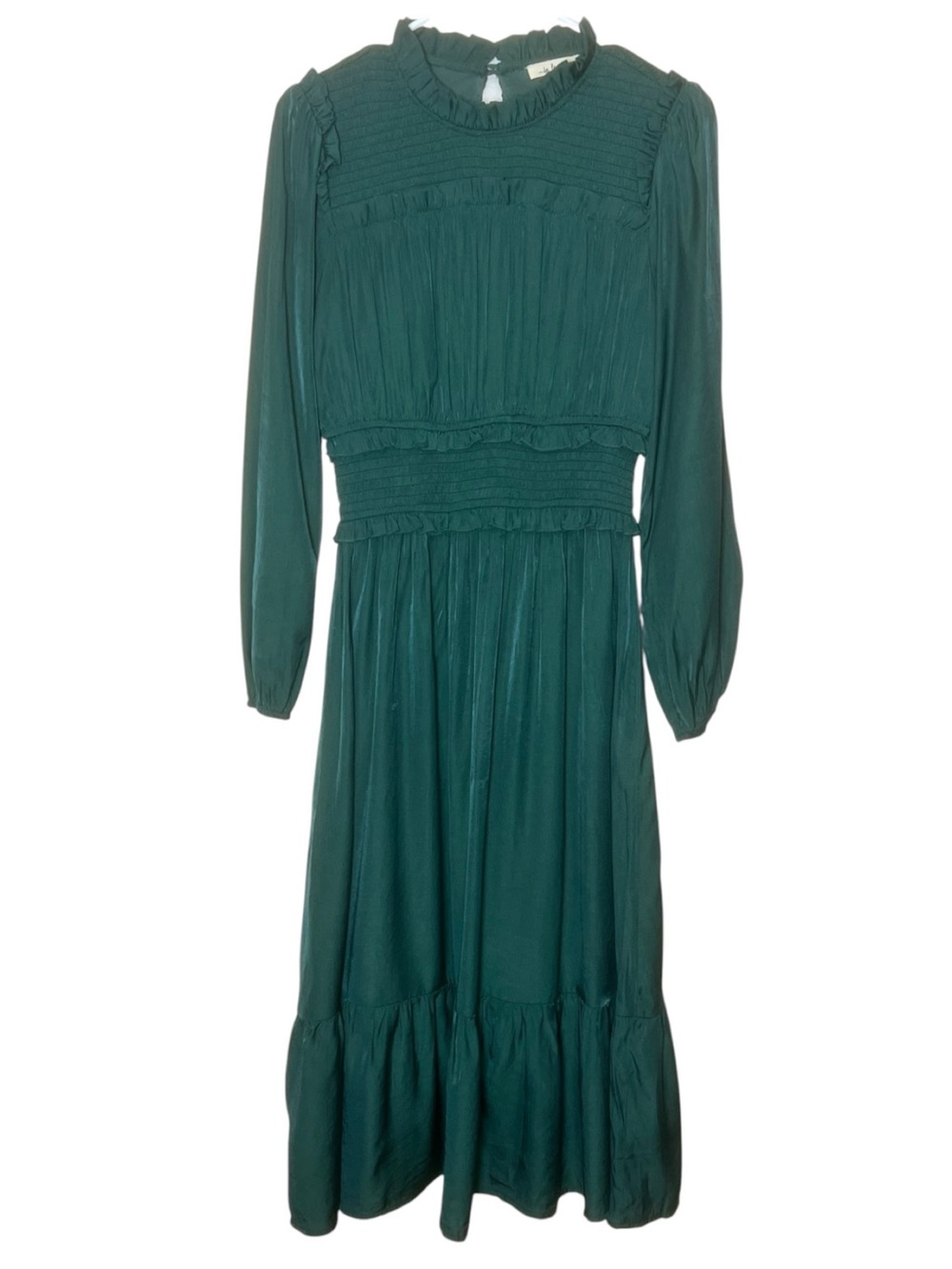 In Loom forest green gathered pleat modest top ruffle hem midi dress size M